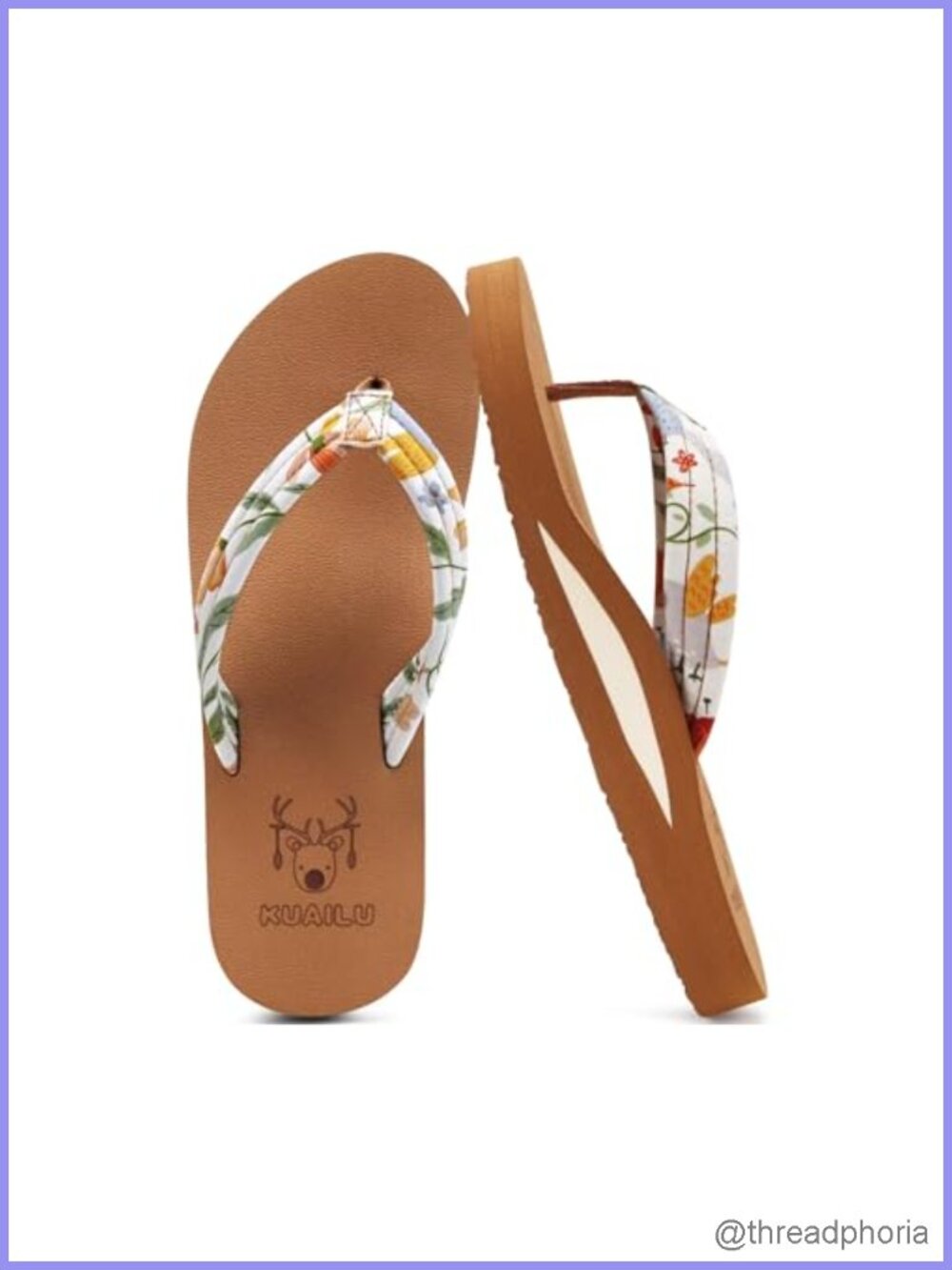 KuaiLu Women's Arch Support Flip Flops Memory Foam Floral Thong Sandals